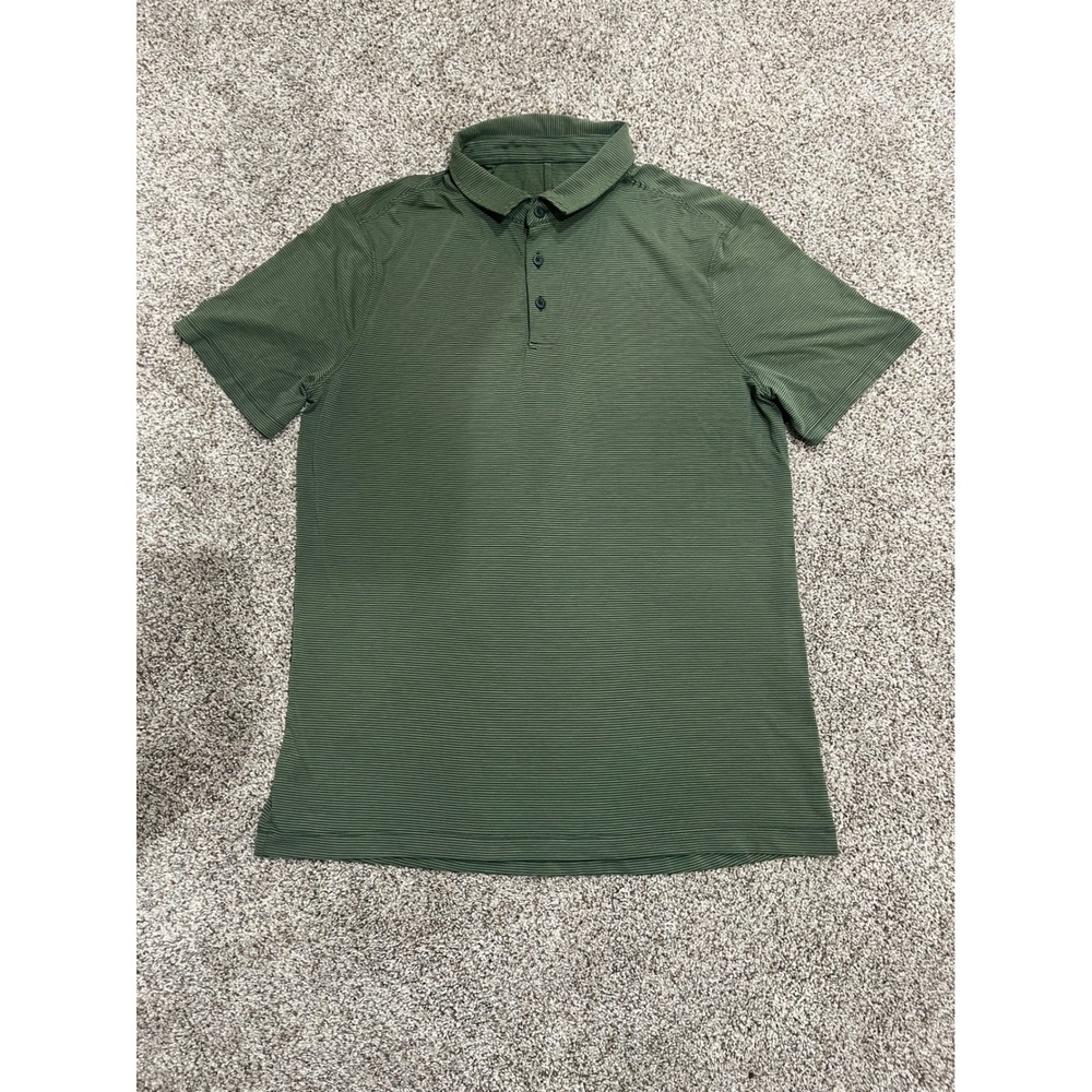 Lululemon Evolution Polo Shirt Mens Large Olive Green Striped Short Sleeve Golf